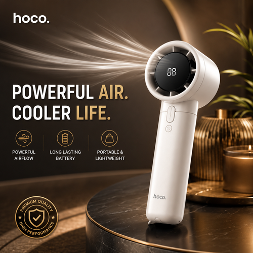 HOCO Portable Turbo Handheld Fan with Digital Display|HOCO المحمولة بتقنية التيربو مع شاشة رقمية | مروحة تبريد صغيرة قابلة لإعادة الشحن