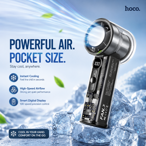 FAN-X05 Transparent Turbo Handheld Fan with Digital Display | Rechargeable High-Speed Cooling Fan